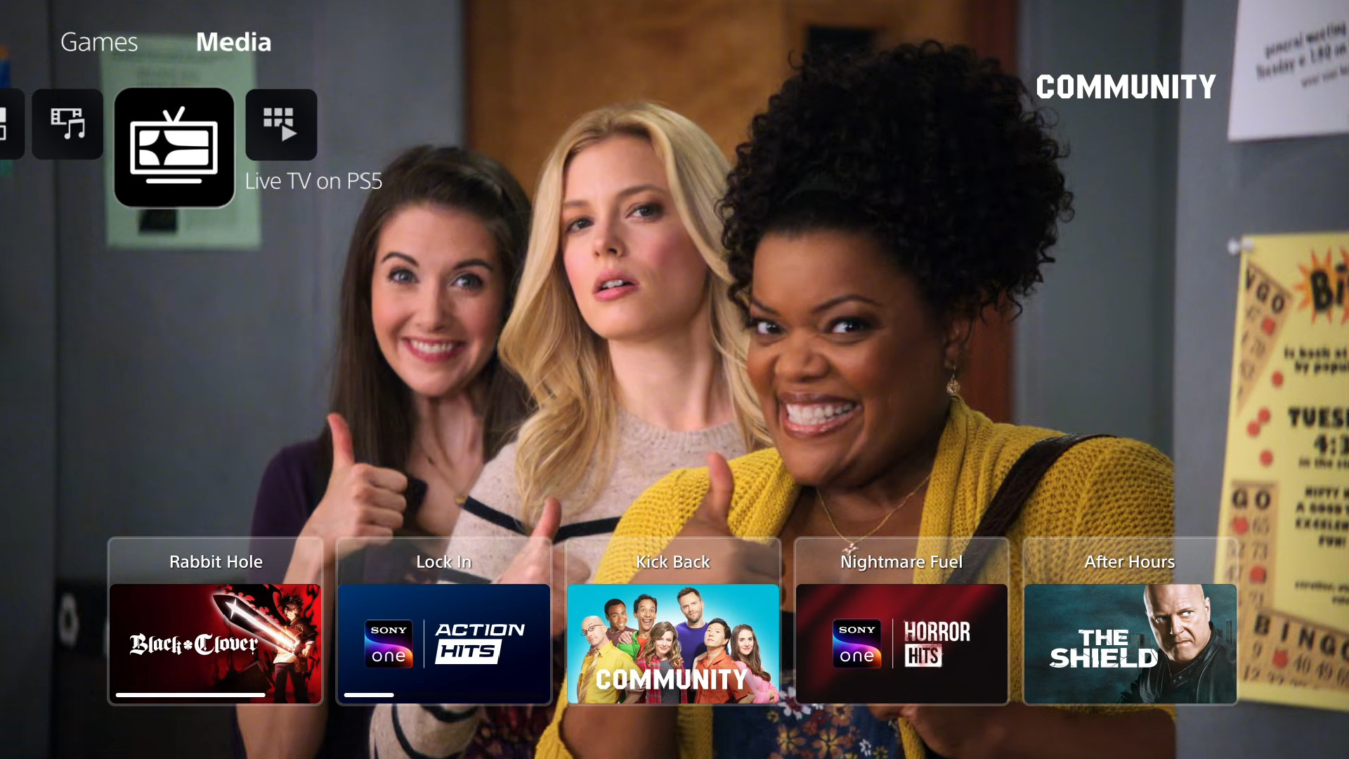 The interface for Live TV on PS5, featuring an image from Community