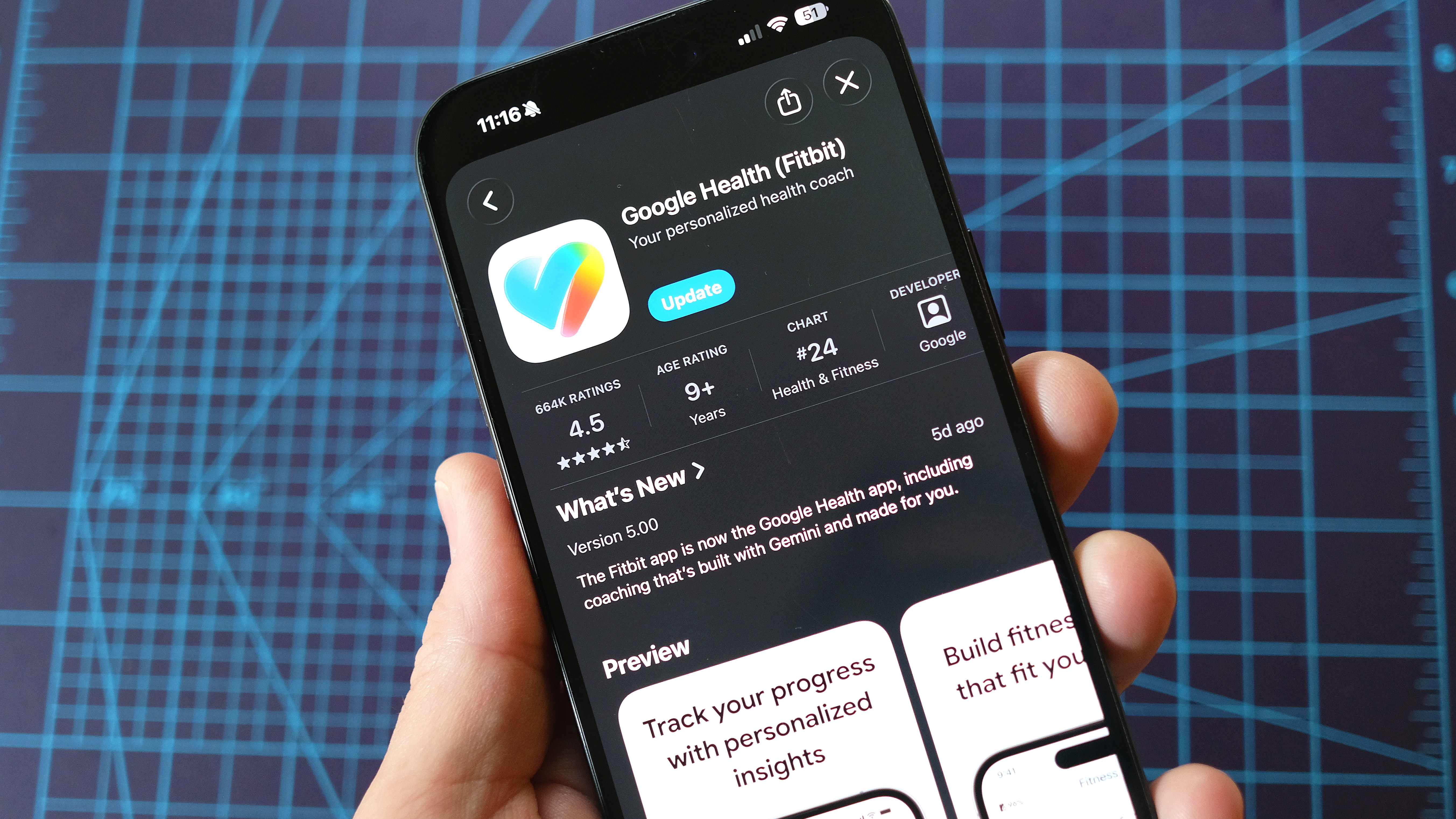 The new Google Health app shown on an iPhone 16 