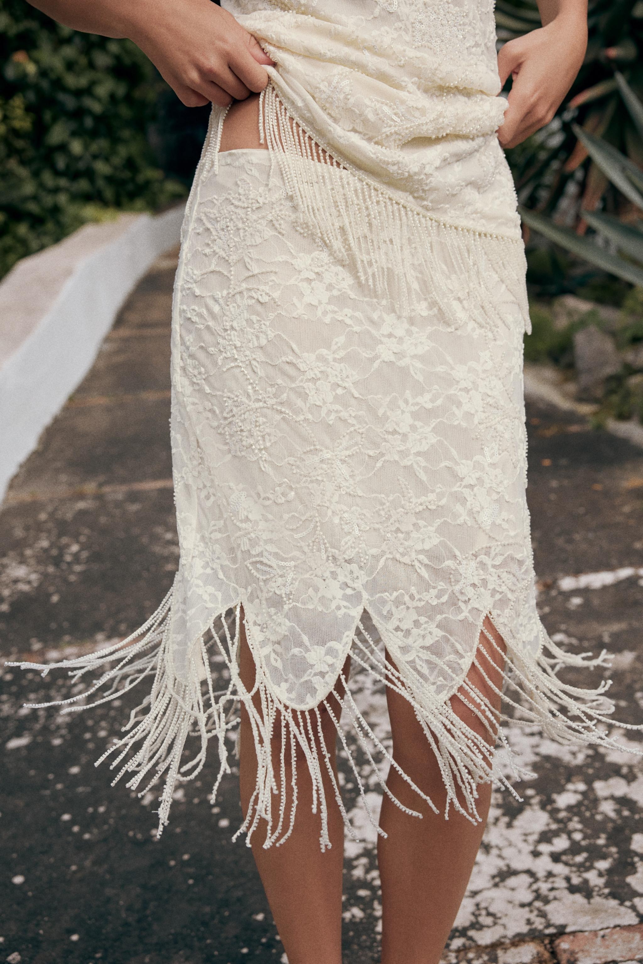 Zw Collection 100% Linen Embroidered Midi Skirt