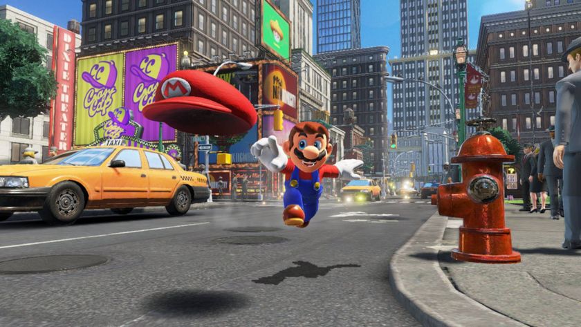 A screenshot from Super Mario Odyssey showing Mario throwing Cappy in New Donk City.