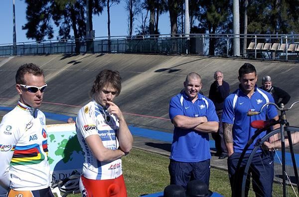 Steve Woodridge and Ben Kersten with Bulldogs players Mark O'Meley and Sonny Bill Williams.