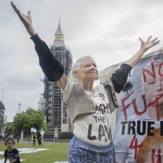 Dame Vivienne Westwood joins protestors in holding a picnic in honour of Julian Assange's 50th birthday at Parliament Square on July 03, 2021 in London