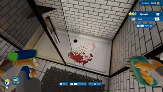 The player holds a spray bottle and scrubber, preparing to clean a shower's blood-stained floor in House Flipper 2.