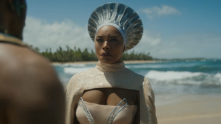 Angela Bassett's Queen Ramonda on the beach in Black Panther 2
