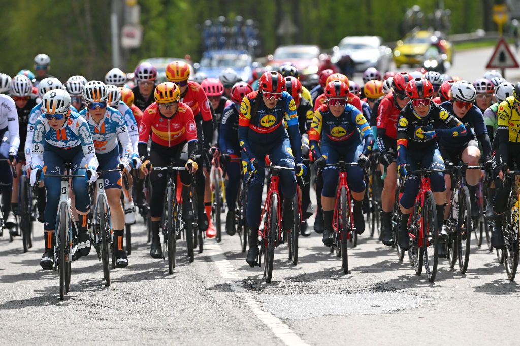 LIEGE BELGIUM APRIL 24 LR Lucinda Brand of The Netherlands Shirin van Anrooij of The Netherlands and Amanda Spratt of Australia and Team Lidl Trek lead the peloton during the 8th Liege Bastogne Liege Femmes 2024 a 1529km one day race from Bastogne to Liege UCIWWT on April 24 2024 in Liege Belgium Photo by Luc ClaessenGetty Images