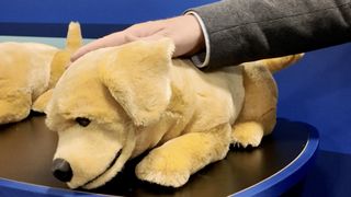 Jennie the robot dog being petted at CES