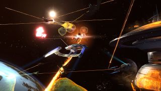 Federation starships firing phasers in an orbital battle in Star Trek Online.