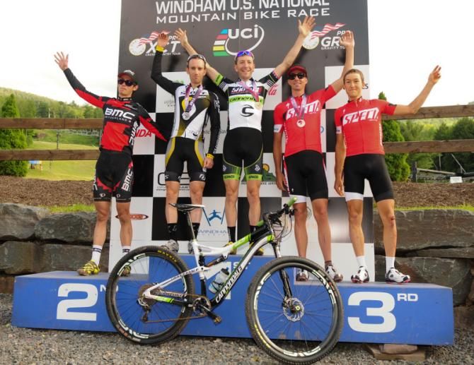 Men's podium (L to R) at Windham Pro XCT: Stephen Ettinger (BMC Swiss), 4th; Derek Zandstra (Scott 3Rox Racing), 2nd; Jeremiah Bishop (Sho-Air Canondale), 1st; Todd Wells (Specialized), 3rd; Antoine Carron (Specialized), 5th