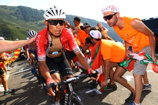 HAUTACAM FRANCE JULY 21 Nairo Alexander Quintana Rojas of Colombia and Team Arka Samsic competes while fans cheer during the 109th Tour de France 2022 Stage 18 a 1432km stage from Lourdes to Hautacam 1520m TDF2022 WorldTour on July 21 2022 in Hautacam France Photo by Michael SteeleGetty Images