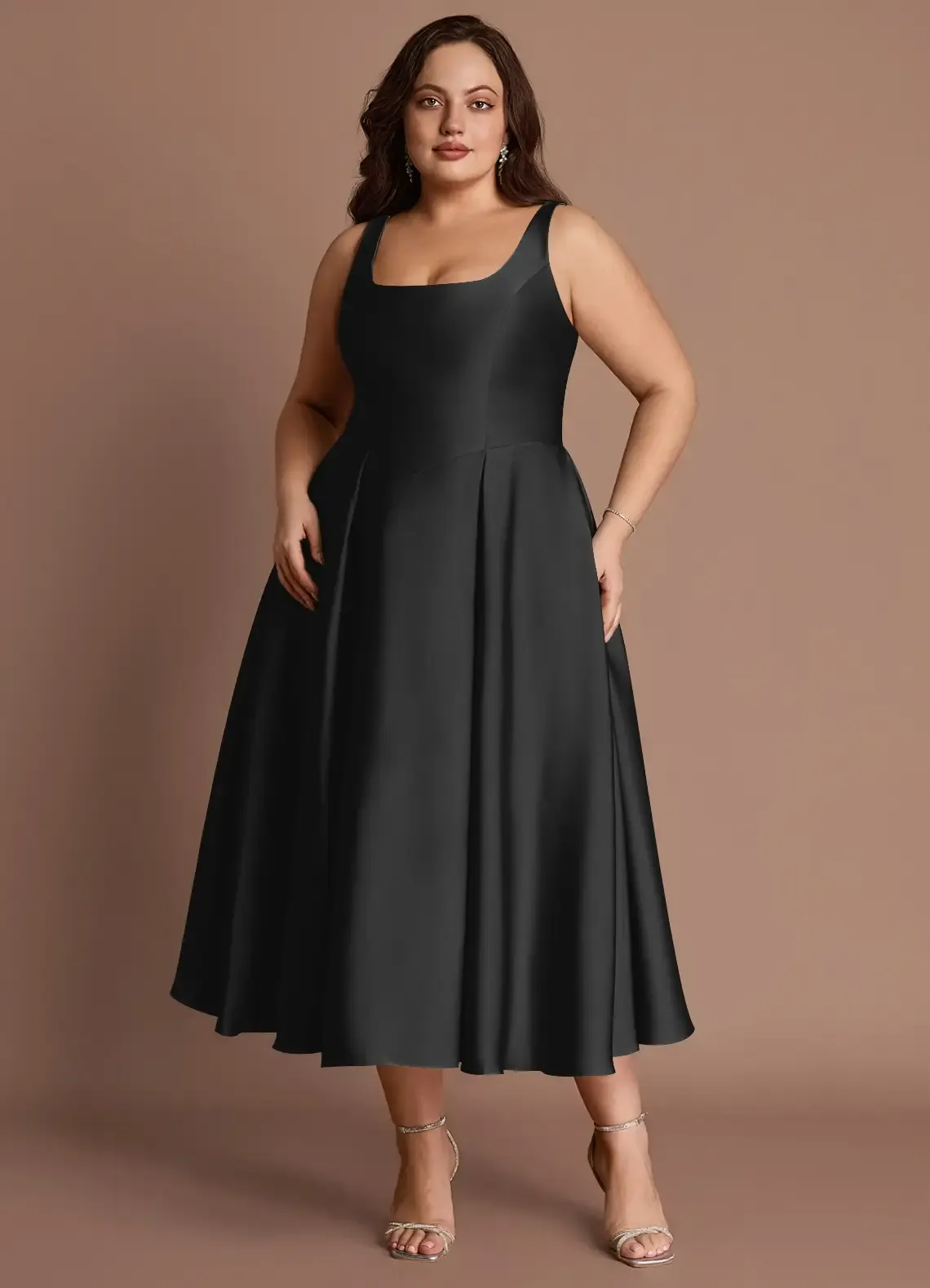 Azazie, Olivia Black Pleated Midi Dress