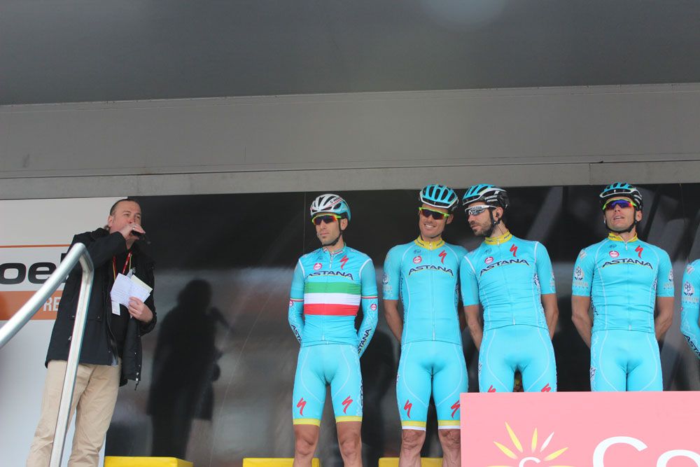 Vincenzo Nibali and his Astana team are presented to the crowd