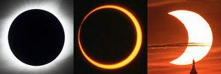 From left to right, the sun appears as a black spot with a bright white light shining from behind, the second image shows a orange "ring" around the eclipses sun, and the third image looks like a crescent moon but it's the moon appearing to take a "bite" out of the sun.