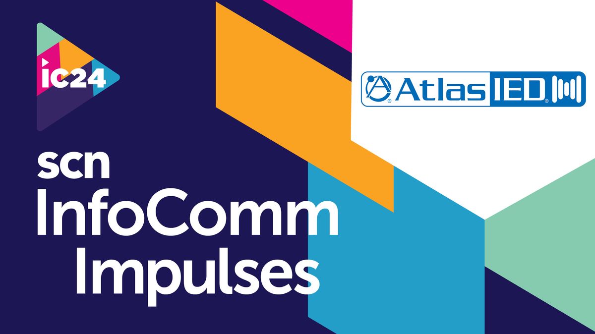 The AtlasIED logo over the SCN InfoComm 2024 Impulses design. 