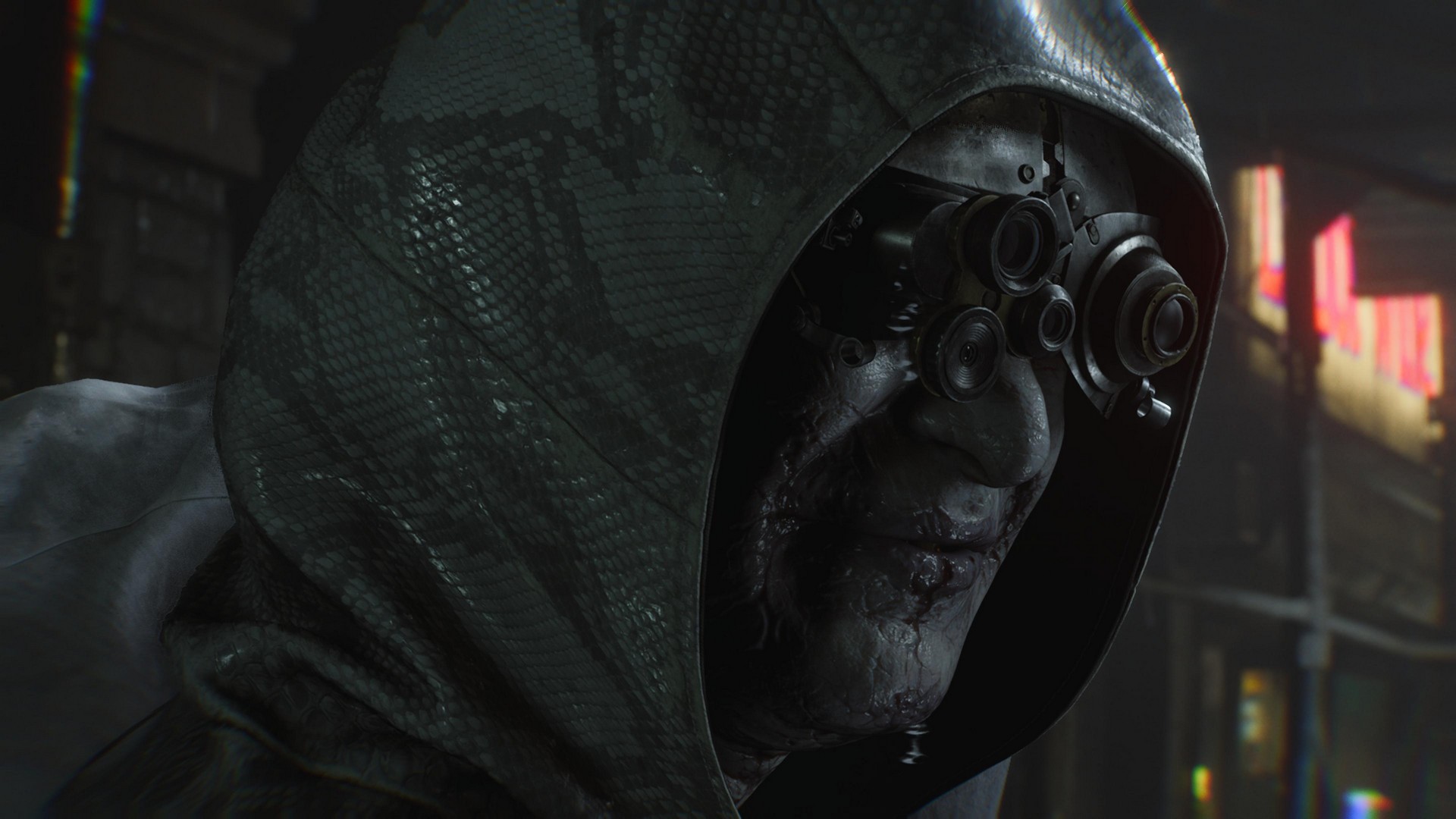 A hooded Dr. Gideon smirks on a street at night in Resident Evil Requiem