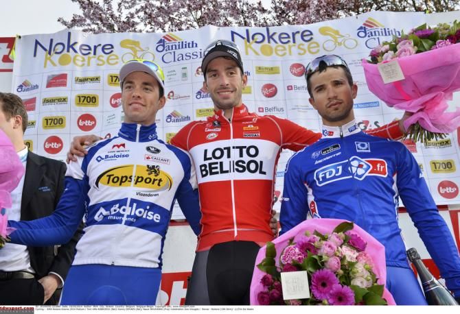 The podium: Tom Van Asbroeck (Topsport Vlaanderen &ndash; Baloise), (Kenny Dehaes (Lotto Belisol) and Nacer Bouhanni (FDJ)