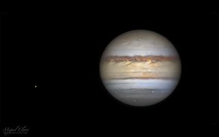 A close-up view of Jupiter, taken one week after the planet reached opposition in June 2019, reveals detailed cloud bands — and Jupiter's moon Europa!