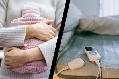 Left, a woman holding a water bottle. Right, an electric blanket on a bed with the control on top