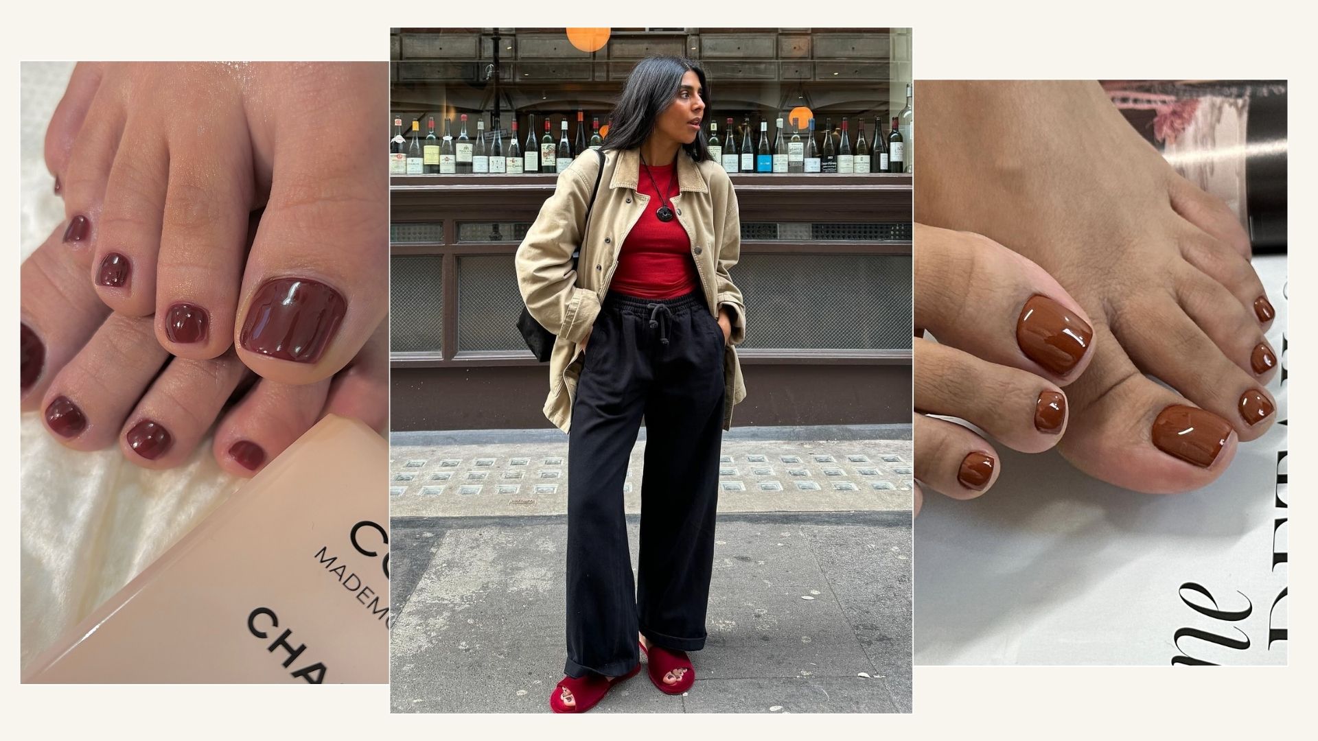 a collage of photos featuring toffee pedicures and a photo of @monikh