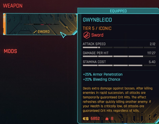 An image of Gwynbleidd, a claymore in Cyberpunk 2077: Phantom Liberty, which displays the weapon's stats.