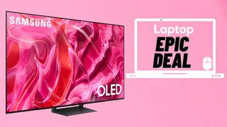 Samsung S90C OLED TV against pink gradient background