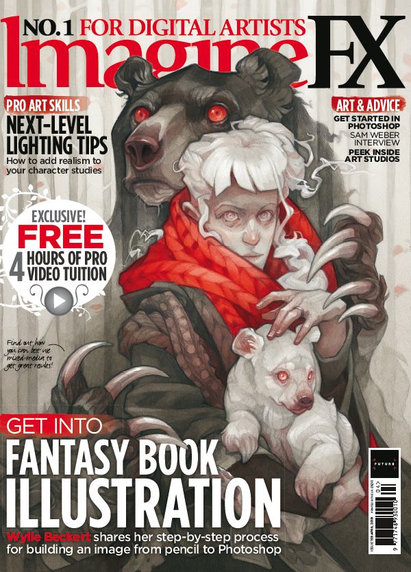 ImagineFX 159 cover of bear holding a woman who is cradling a baby bear