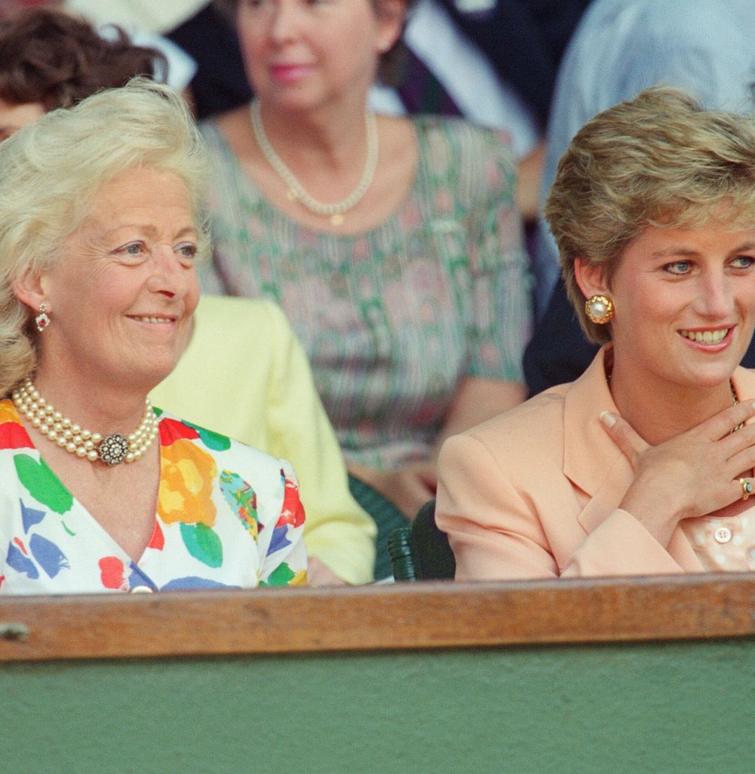 Frances Shand Kydd wearing a floral dress sitting next to Princess Diana wearing a peach suit