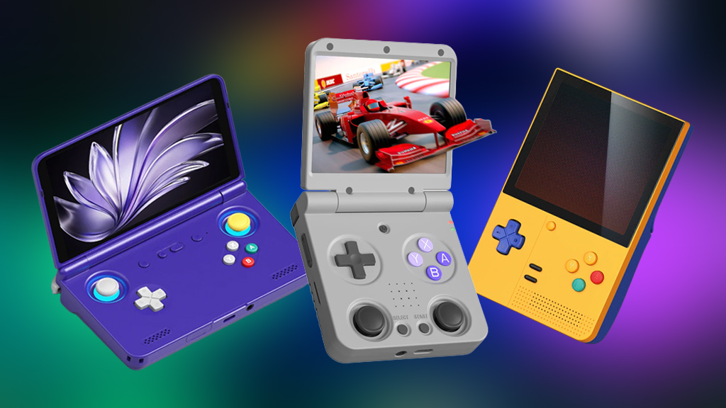 Retroid Pocket Flip V2, Miyoo Flip V2, and Retroid Pocket Classic handhelds on a colorful background.