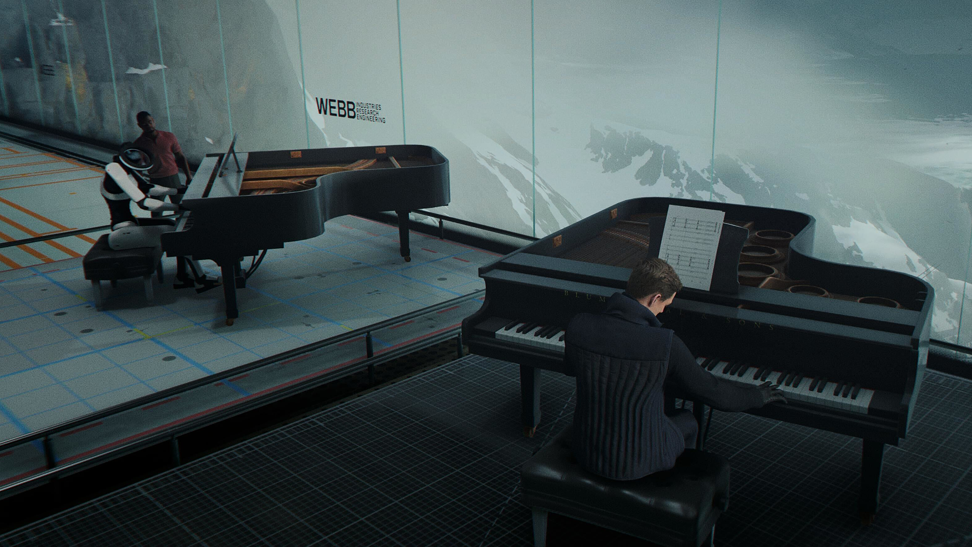 A screengrab from 007 First Light of James Bond playing a piano opposite a robot playing a piano