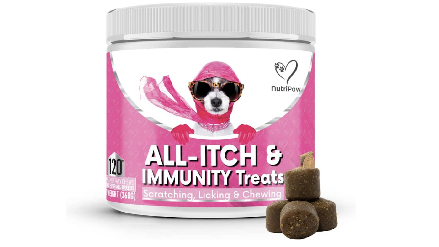 Tub of dog chews for itch-relief