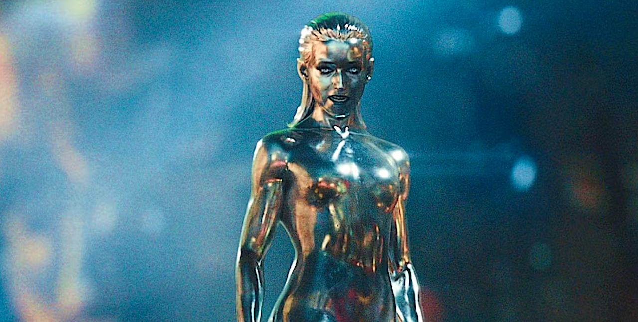 A silver-skinned superhero woman