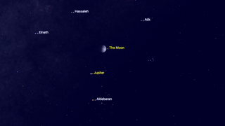 night sky graphic showing the Jupiter shining to the lower left of the moon.