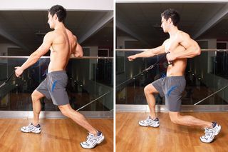 Man demonstrates two positions of the one-arm cable row