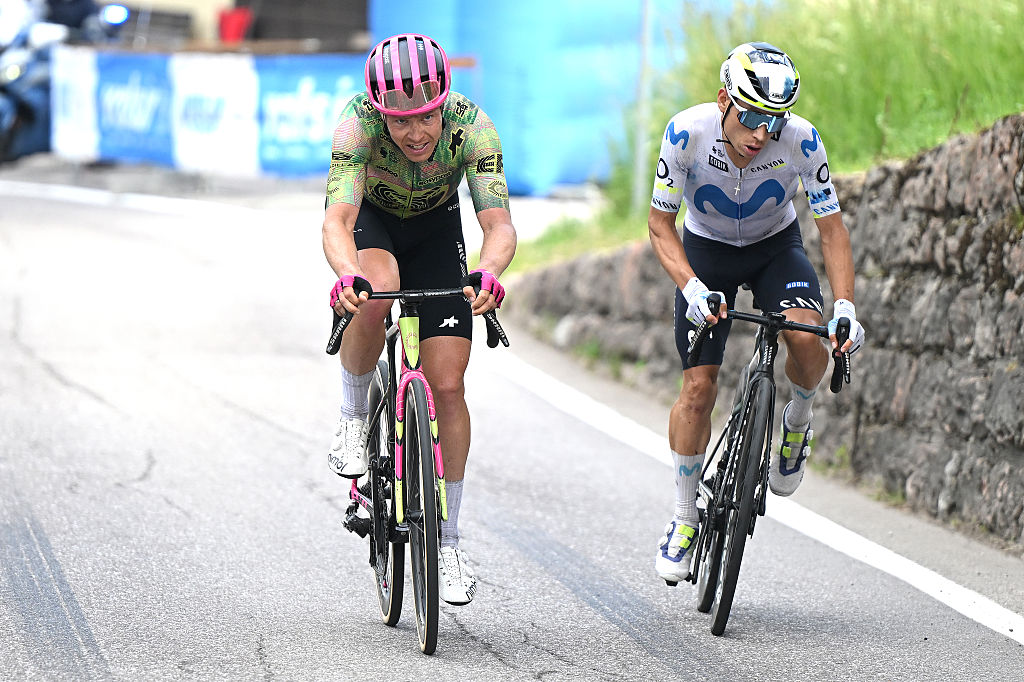 ANDALO, ITALY - MAY 27: (L-R) Michael Valgren of Denmark and Team EF Education - EasyPost and Einer Rubio of Colombia and Team Movistar attack in the breakaway during the 109th Giro d&amp;amp;apos;Italia 2026, Stage 17 a 202km stage from Cassano d&amp;amp;apos;Adda to Andalo 1012m / #UCIWT / on May 27, 2026 in Andalo Valtellino, Italy. (Photo by Dario Belingheri/Getty Images)