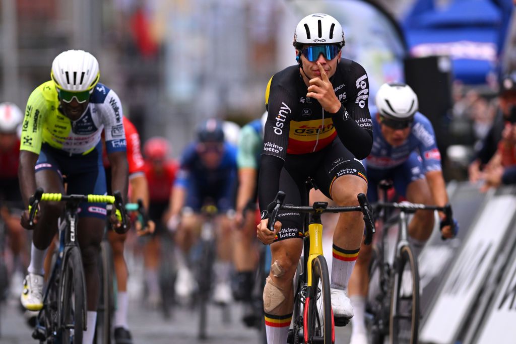 BINCHE BELGIUM OCTOBER 01 Arnaud de Lie of Belgium and Team Lotto Dstny celebrates at finish line as race winner during the 37th Binche Chimay Binche Memorial Frank Vandenbroucke 2024 a 1986km one day race from Binche to Binche on October 01 2024 in Binche Belgium Photo by Luc ClaessenGetty Images
