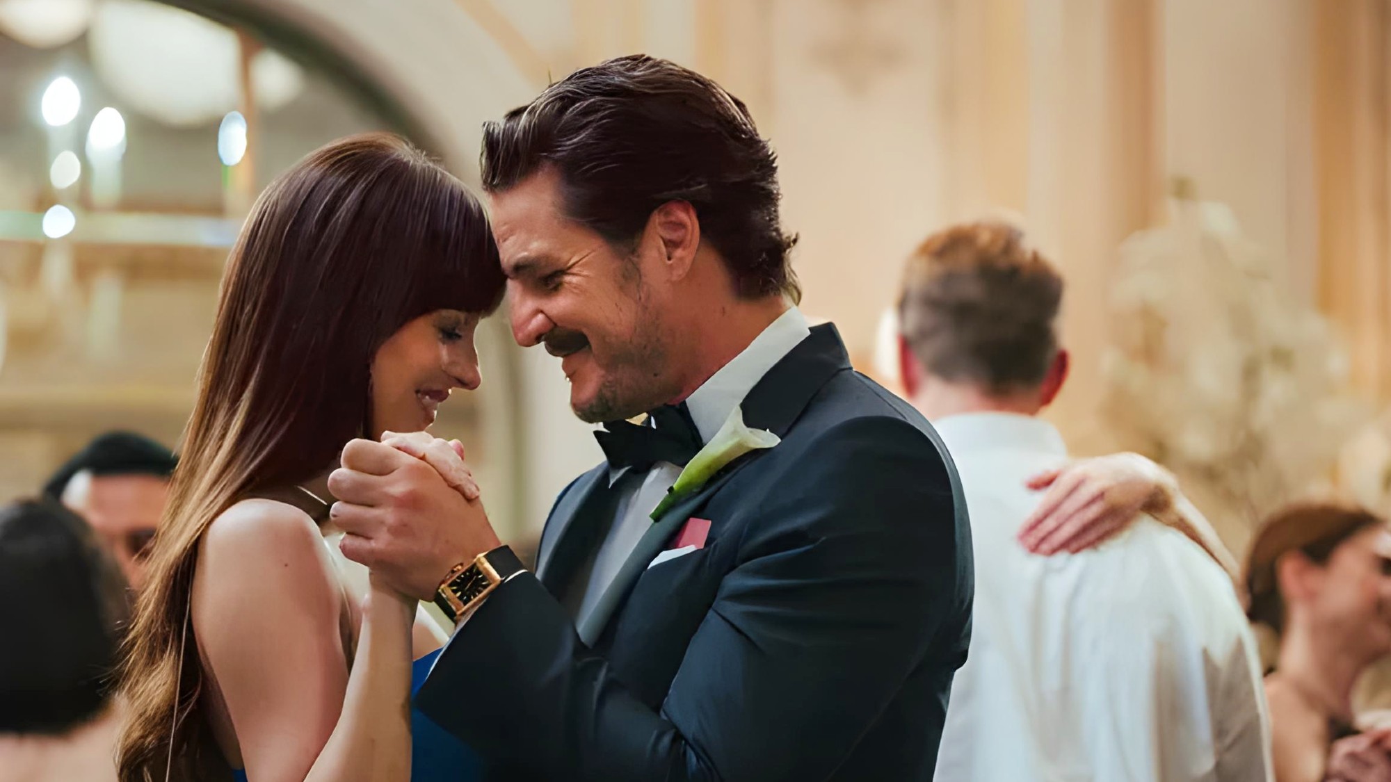 Dakota Johnson and Pedro Pascal dancing in Materialists