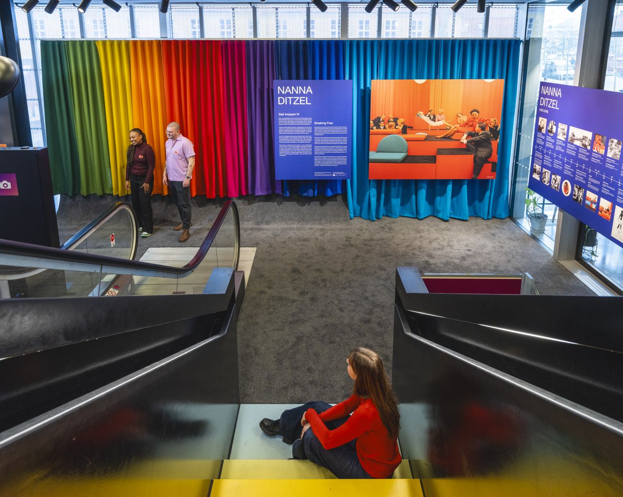 Red and blue exhibition spaces