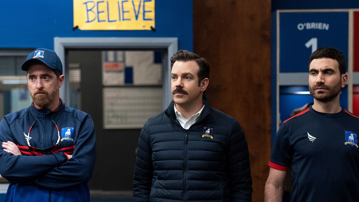 Brendan Hunt, Jason Sudekikis, and Brett Goldstein in Ted Lasso season 3