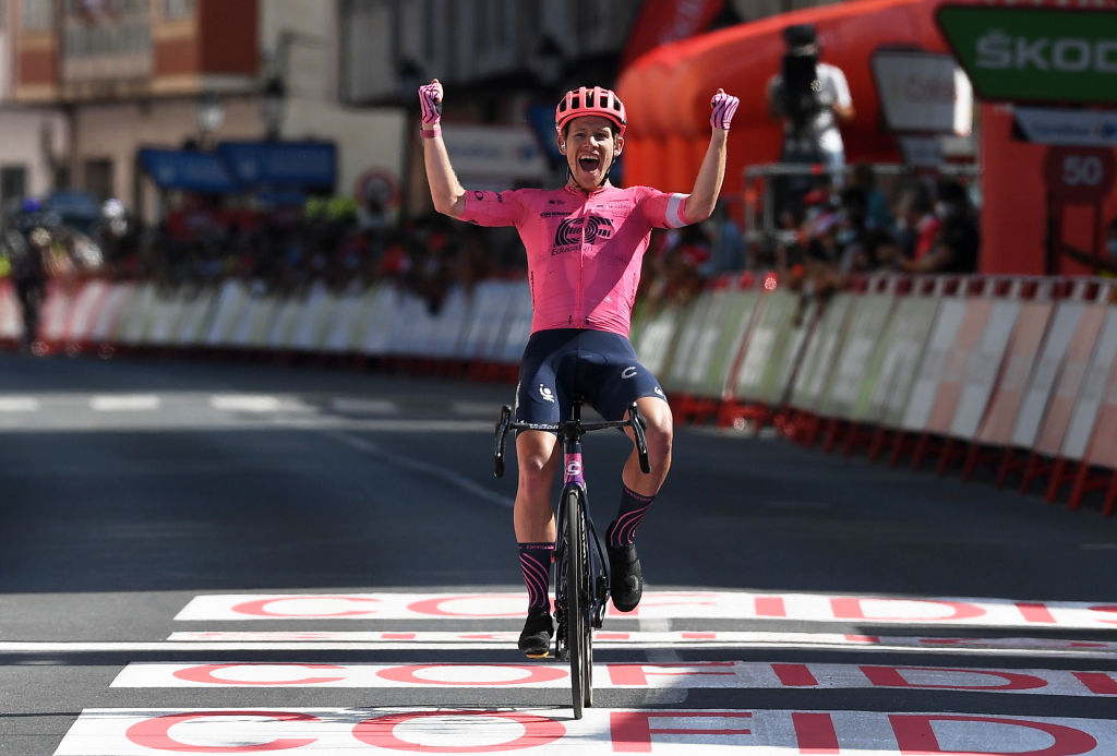 MONFORTE DE LEMOS SPAIN SEPTEMBER 03 Lawson Craddock of United States and Team EF Education Nippo celebrates the victory of his teammate Magnus Cort Nielsen of Denmark during the 76th Tour of Spain 2021 Stage 19 a 1912 km stage from Tapia to Monforte de Lemos lavuelta LaVuelta21 on September 03 2021 in Monforte de Lemos Spain Photo by Tim de WaeleGetty Images