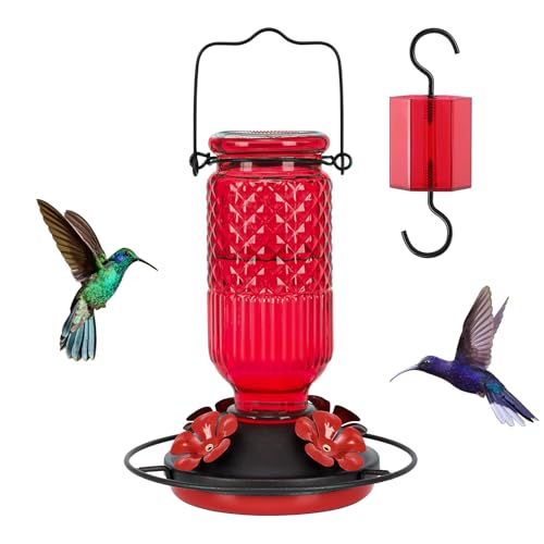 Feed Garden Glass Hummingbird Feeder for Outdoors Hanging, 16 Oz Humming Birds Feeders With 4 Bee Guard Feeding Ports & Built-In Ant Moat, Bird Feeder for Outside, Gifts for Women Mom, Red