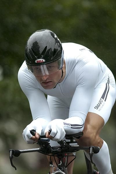 Luke Roberts from South Australia had the all white kit on for the men's elite time trial championship in Learmonth near Ballarat.