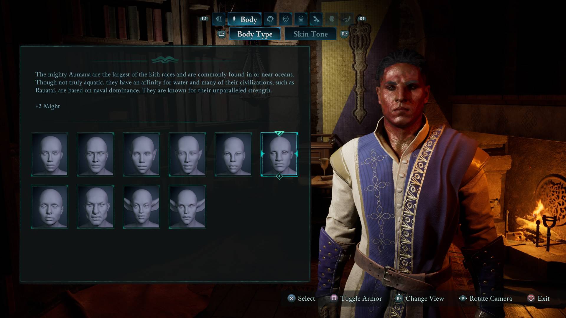 The character creation screen in Avowed showing the Aumaua playable race, who starts out with +2 Might