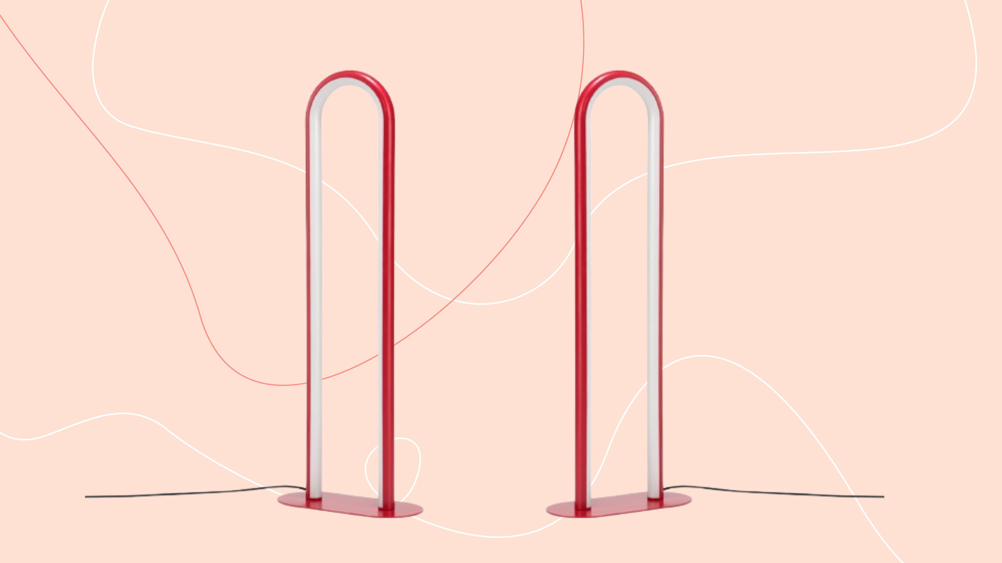 IKEA SOLVINDEN Floor Lamp on pink background.