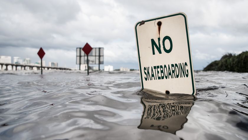 Floodwater comes up to the bottom of a &quot;no skateboarding&quot; street sign