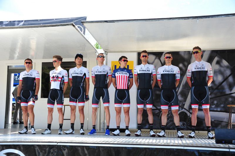 Matthew Busche and his Trek teammates are presented to the crowd
