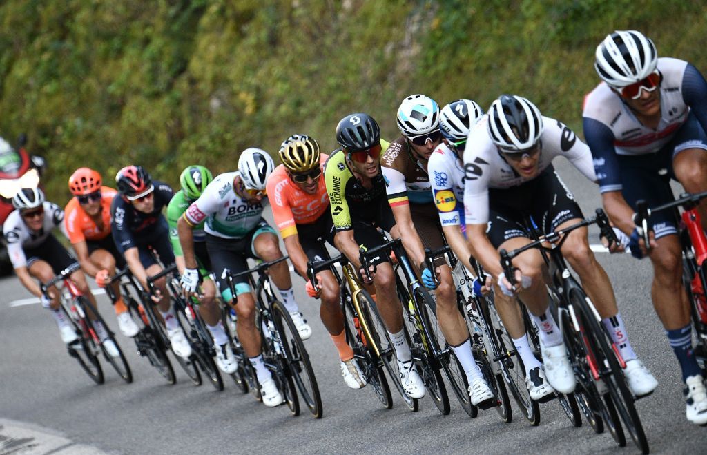 The escapees ride during the 19th stage of the 107th edition of the Tour de France cycling race 160 km between BourgenBresse and Champagnole on September 18 2020 Photo by AnneChristine POUJOULAT AFP Photo by ANNECHRISTINE POUJOULATAFP via Getty Images