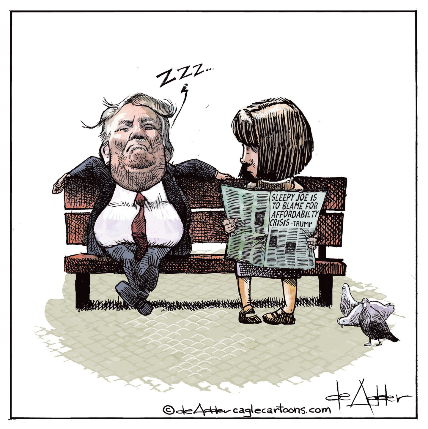 Donald Trump sleeps on a park bench next to a woman reading a newspaper. The woman looks at Trump. The headline on the newspaper reads, &quot;Sleepy Joe is to blame for affordability crisis &amp;mdash; Trump.&quot;