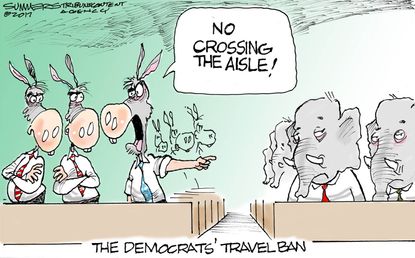 Political cartoon U.S. Democrat travel ban aisle gridlock
