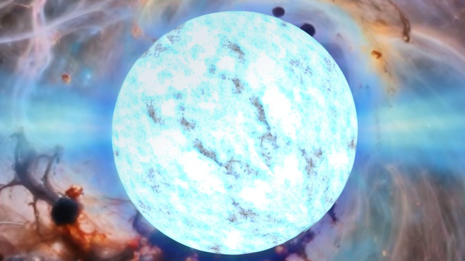 A large glowing blue sphere with light and dark streaks