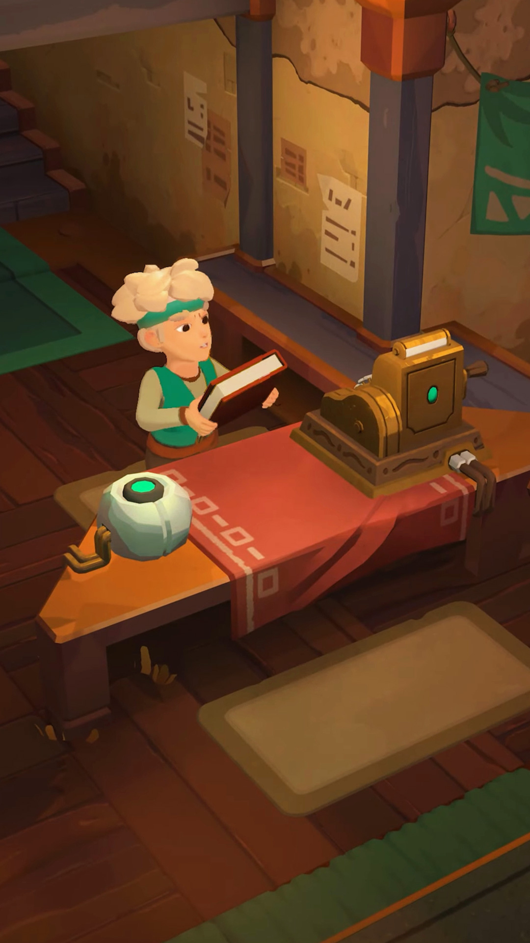 The shopkeep from Moonlighter 2 Endless Vault lifting a book onto the counter beside a cash register
