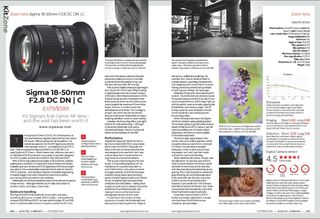 Double-page spread showing the Sigma 18-50mm F2.8 DC DN Contemporary lens review, from the October 2024 issue of Digital Camera magazine